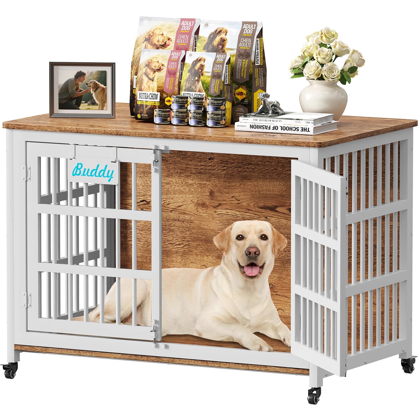 Heavy Duty Dog Crate Furniture With Casters For Large Dogs