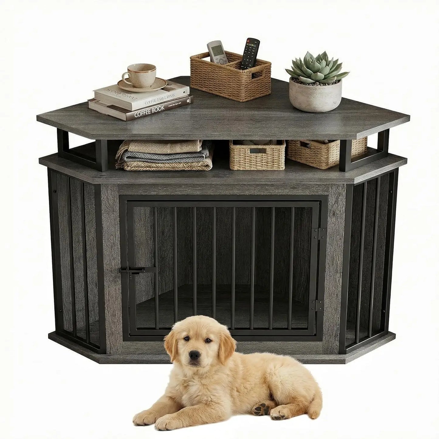 Corner Dog Crate With 2-Tier Shelves, Wooden Kennel Furniture Enclosure