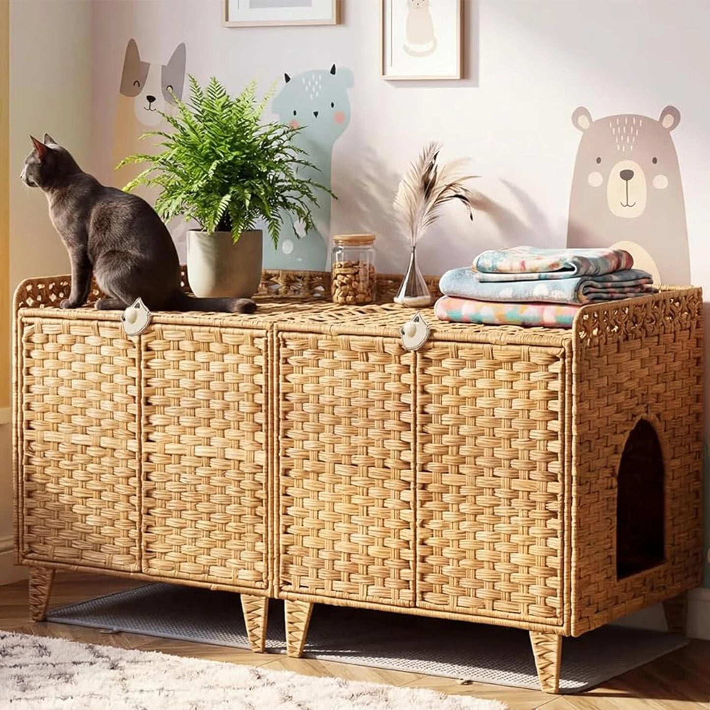 HiMISS Hidden Litter Box Enclosure Handwoven Rattan Cat Furniture