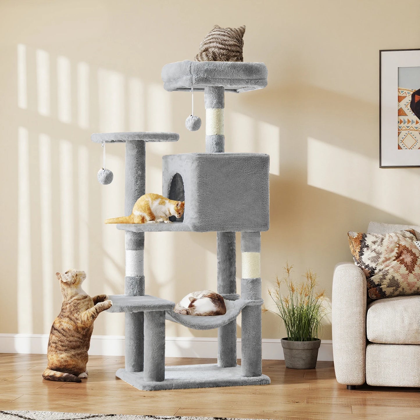 JHK Cat Tree Four-Tier Multi-Cat Climbing Tower With Sisal Posts