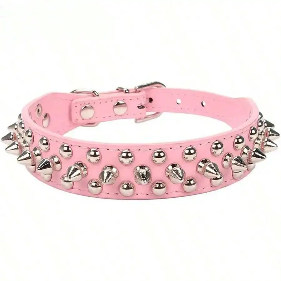 Adjustable Leather Dog Collar With Rivet Spikes And Buckle