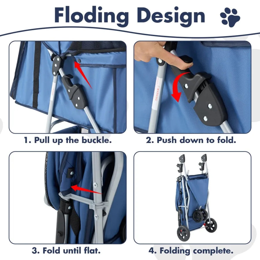 Three-Wheel Pet Stroller With Storage Basket And Cup Holder