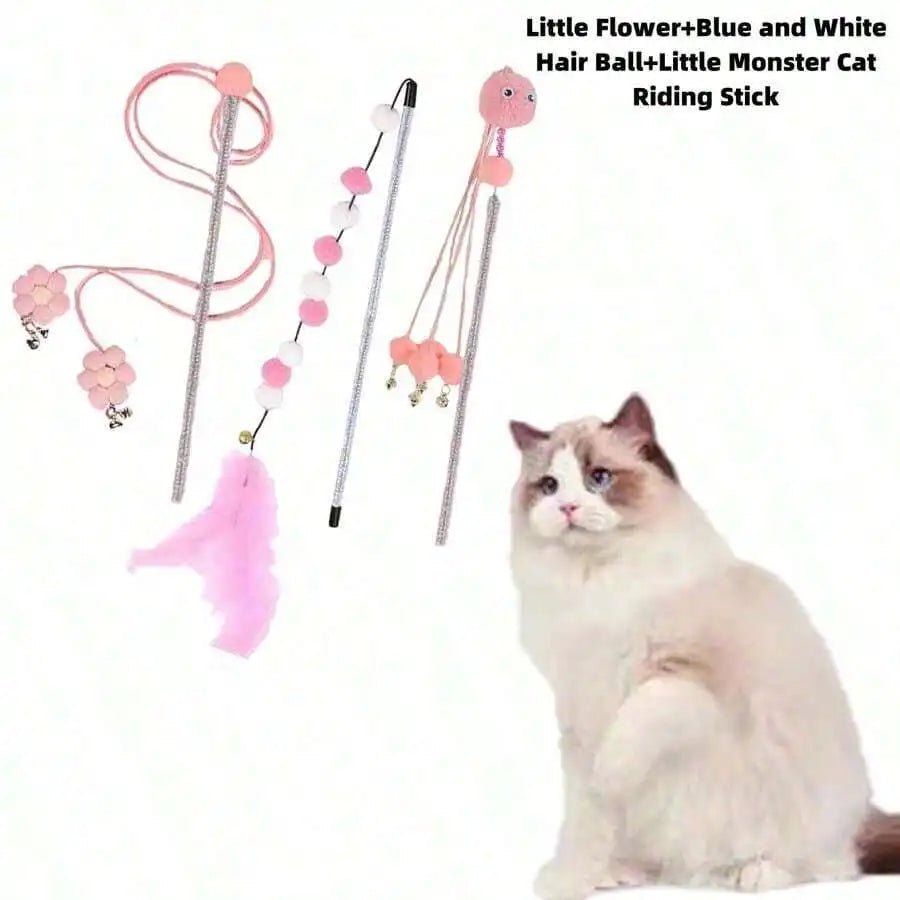 Cat Teaser Wand Toy Set With Flower Tassel And Feather